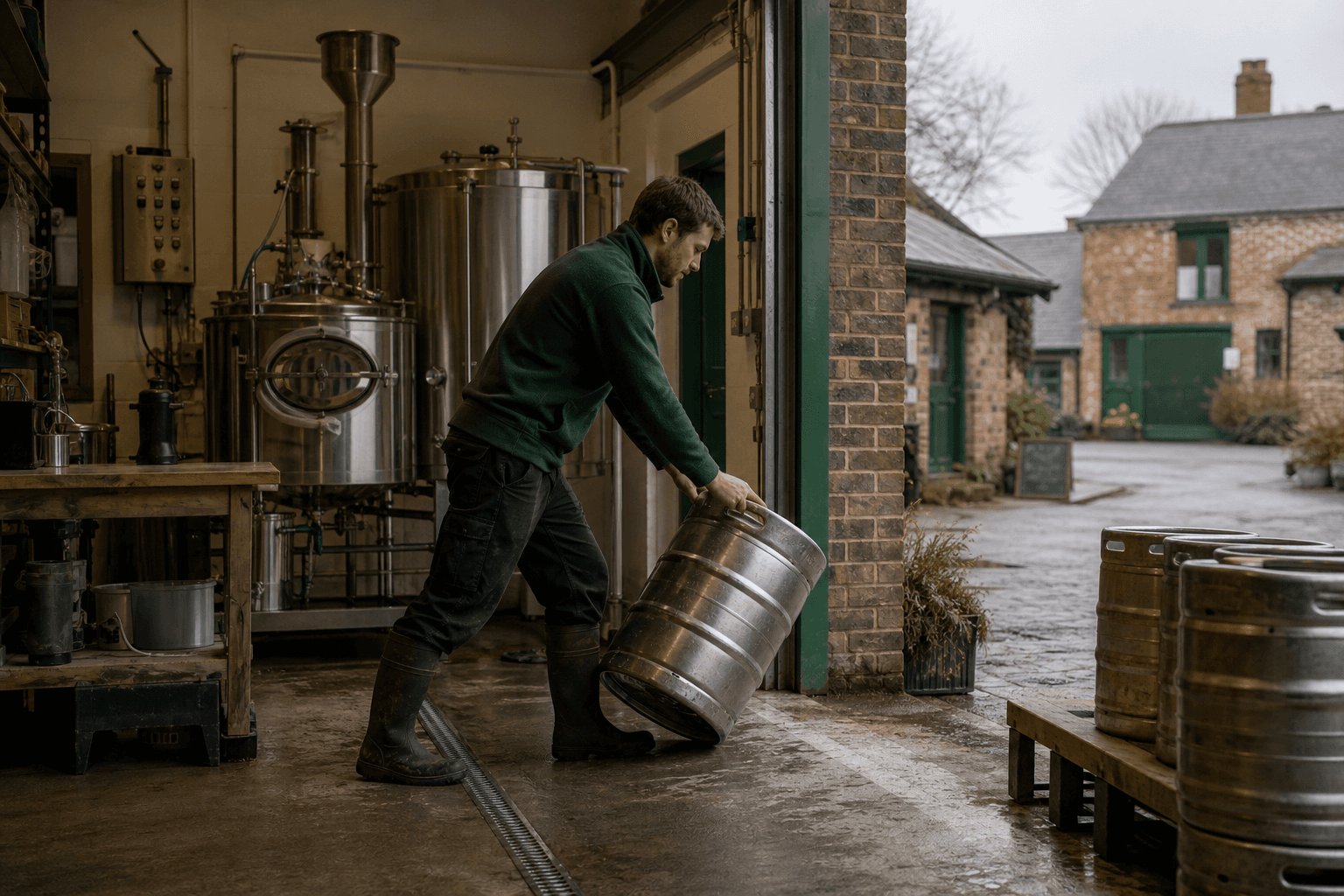 An independent British brewer moving a cask from the brewery floor